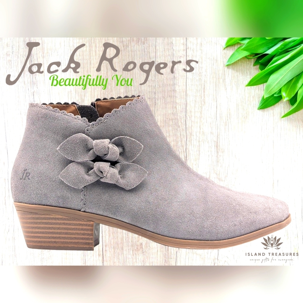 Jack Rogers Kali Grey Suede Ankle Bootie Sz US 7.5M/EU 38 Scalloped Trim withBow - Picture 17 of 17